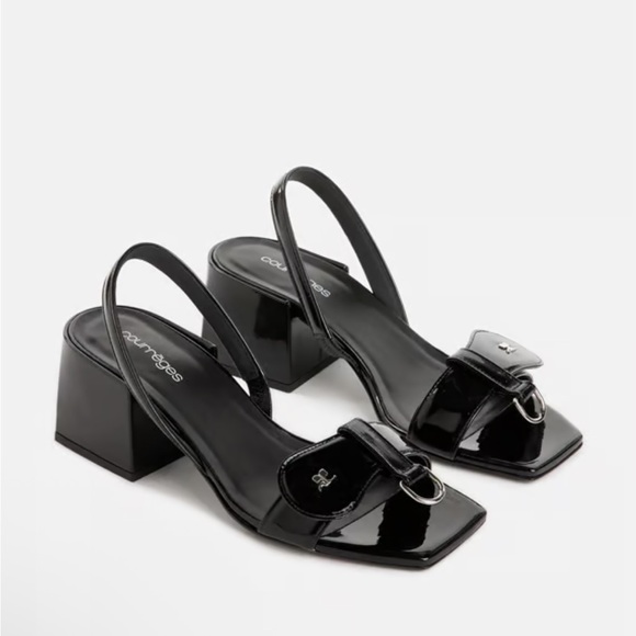 Courreges Shoes - Courrèges Loop Logo Patent Leather Chunky Heel Square Toe Black Sandals Size 38